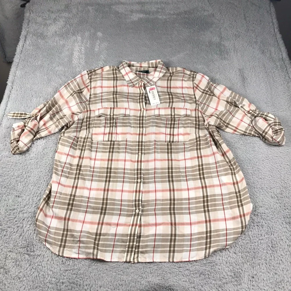 LRL Ralph Lauren Shirt Womens 3X Plaid Convertible Sleeve Button Blouse NEW NWT - Picture 1 of 8